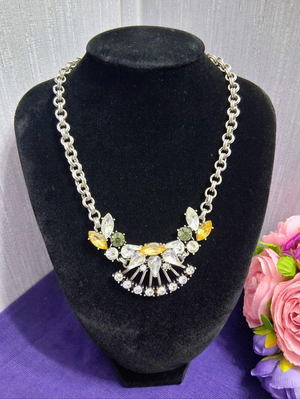 Vintage Banana Republic Lemon Lime Statement Necklace Acrylic Crystal Silvertone